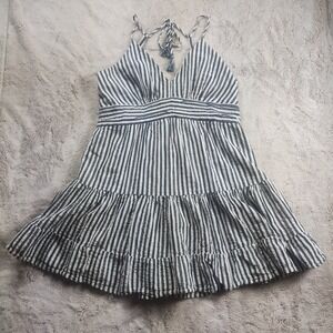 American Eagle Babydoll Dress Women's Large Gray White Stripe Cotton Linen Boho